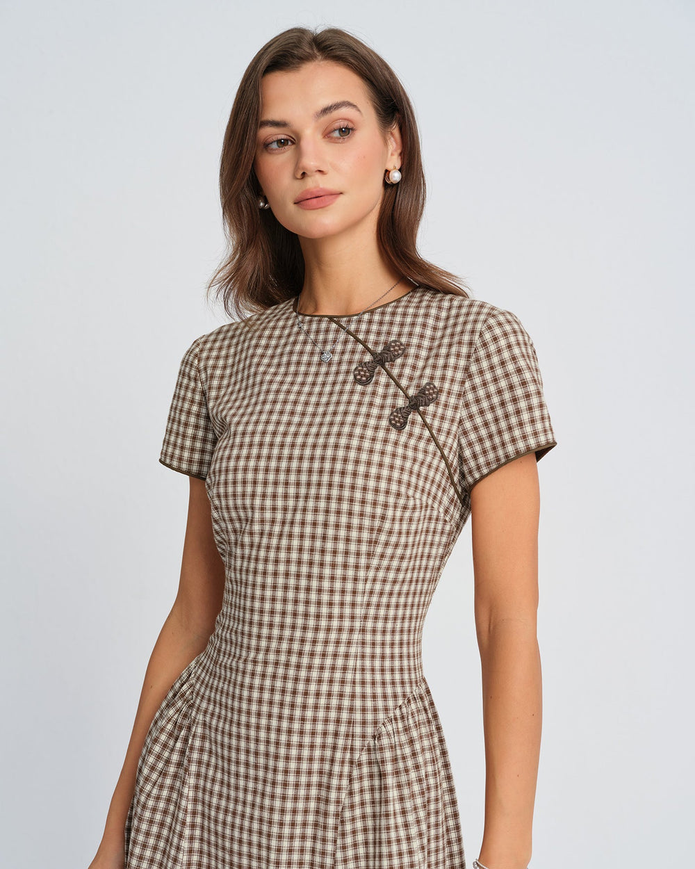 Brown Plaid Round Neck Midi Dress | Rihoas