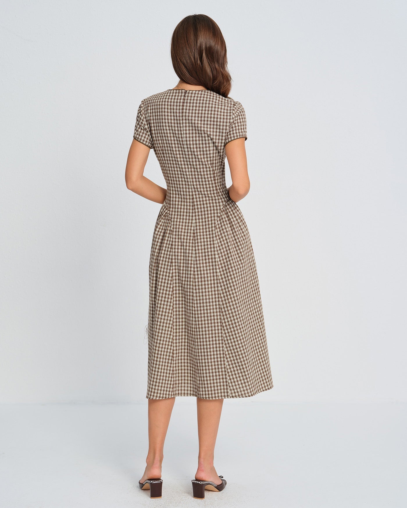 Brown Plaid Round Neck Midi Dress | Rihoas