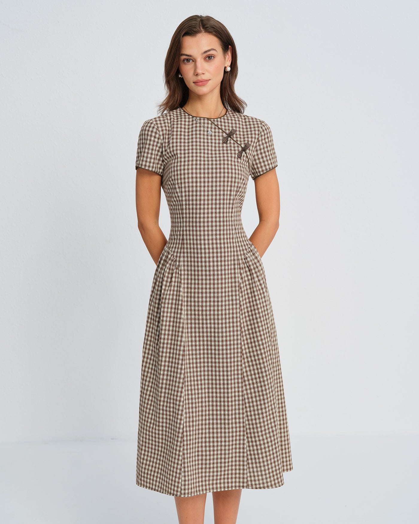 Brown Plaid Round Neck Midi Dress | Rihoas