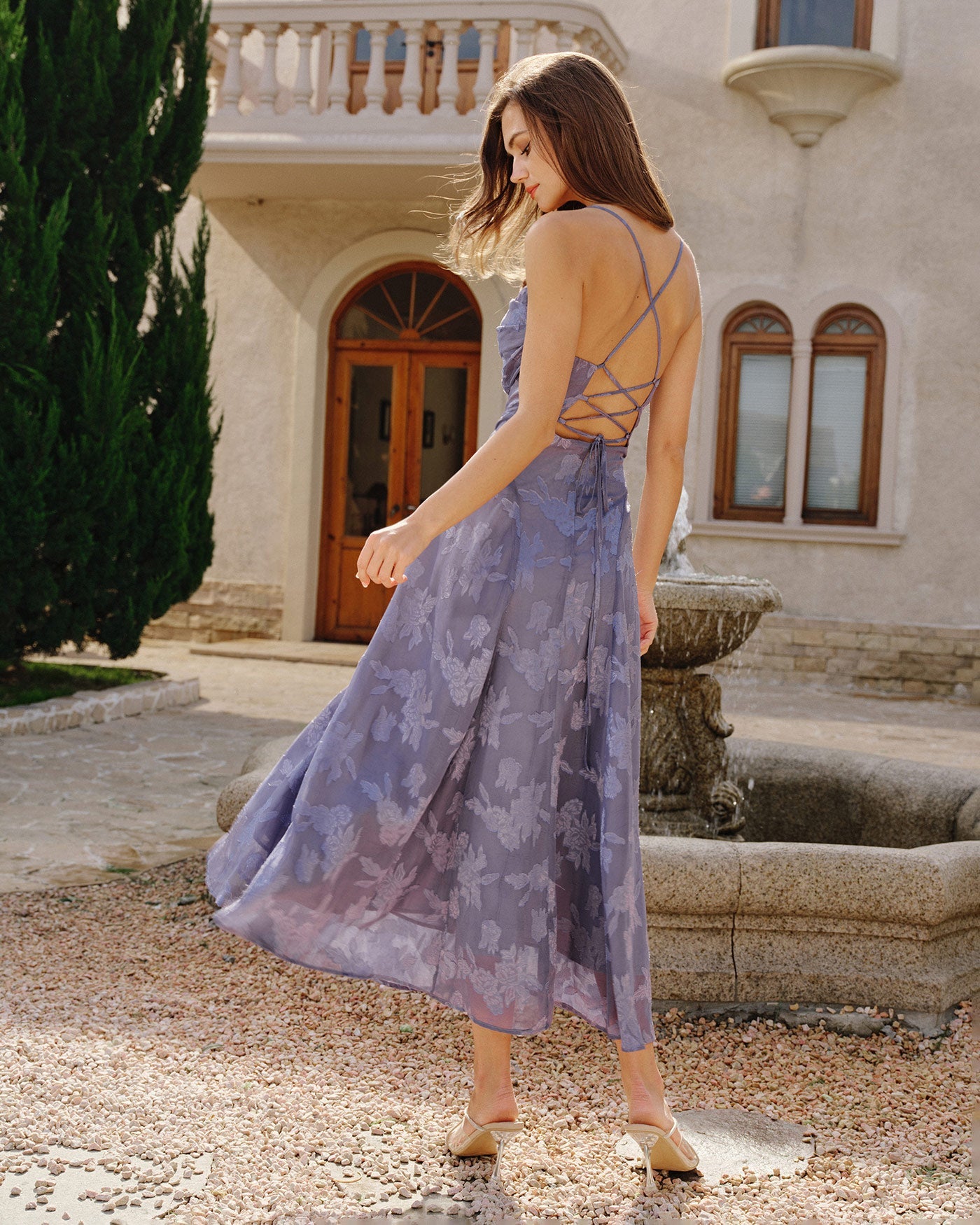 Blue Jacquard Slip Maxi Dress | Rihoas