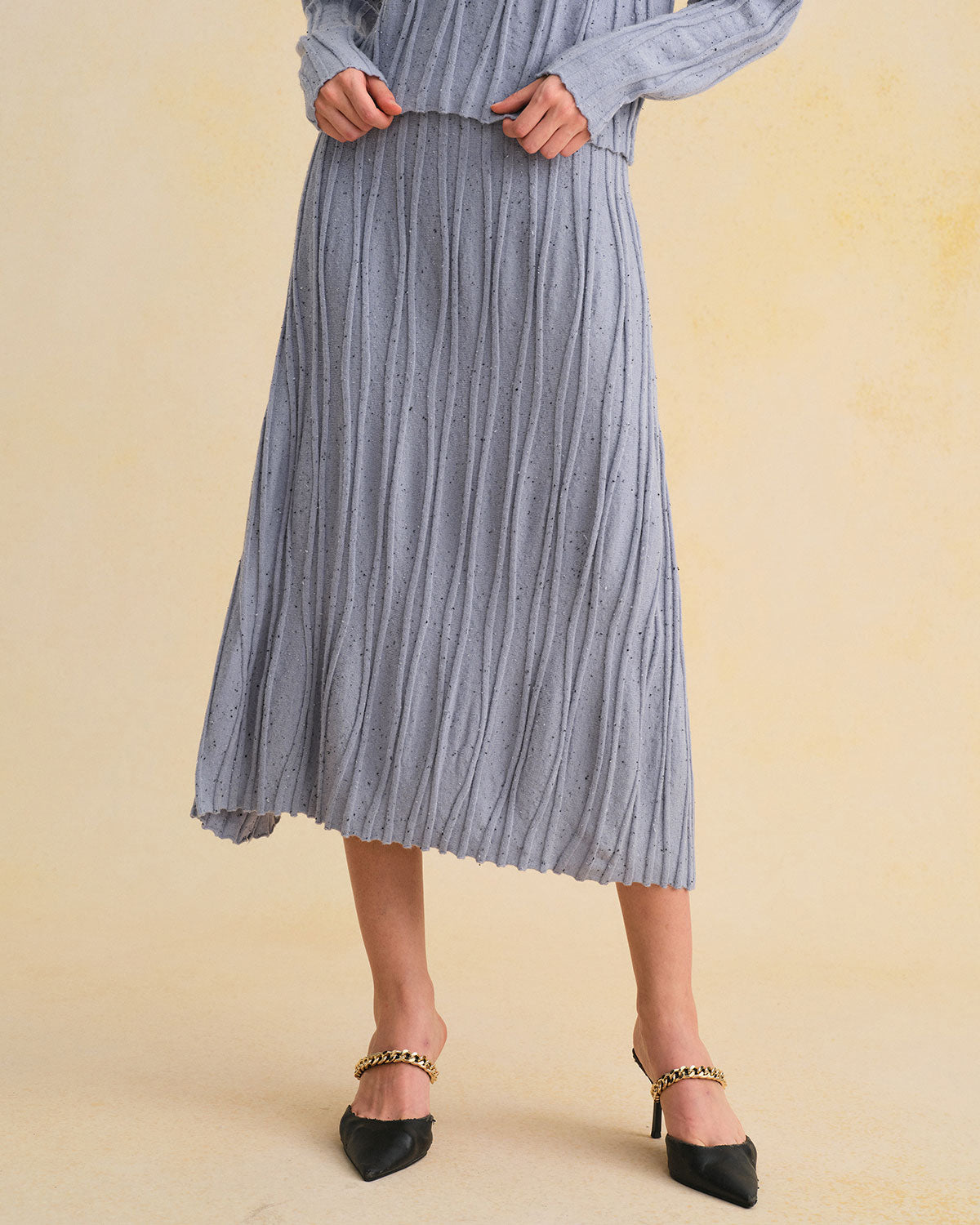 Blue Elastic Waist A-Line Midi Skirt | Rihoas