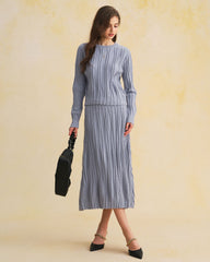 Blue Elastic Waist A-Line Midi Skirt | Rihoas