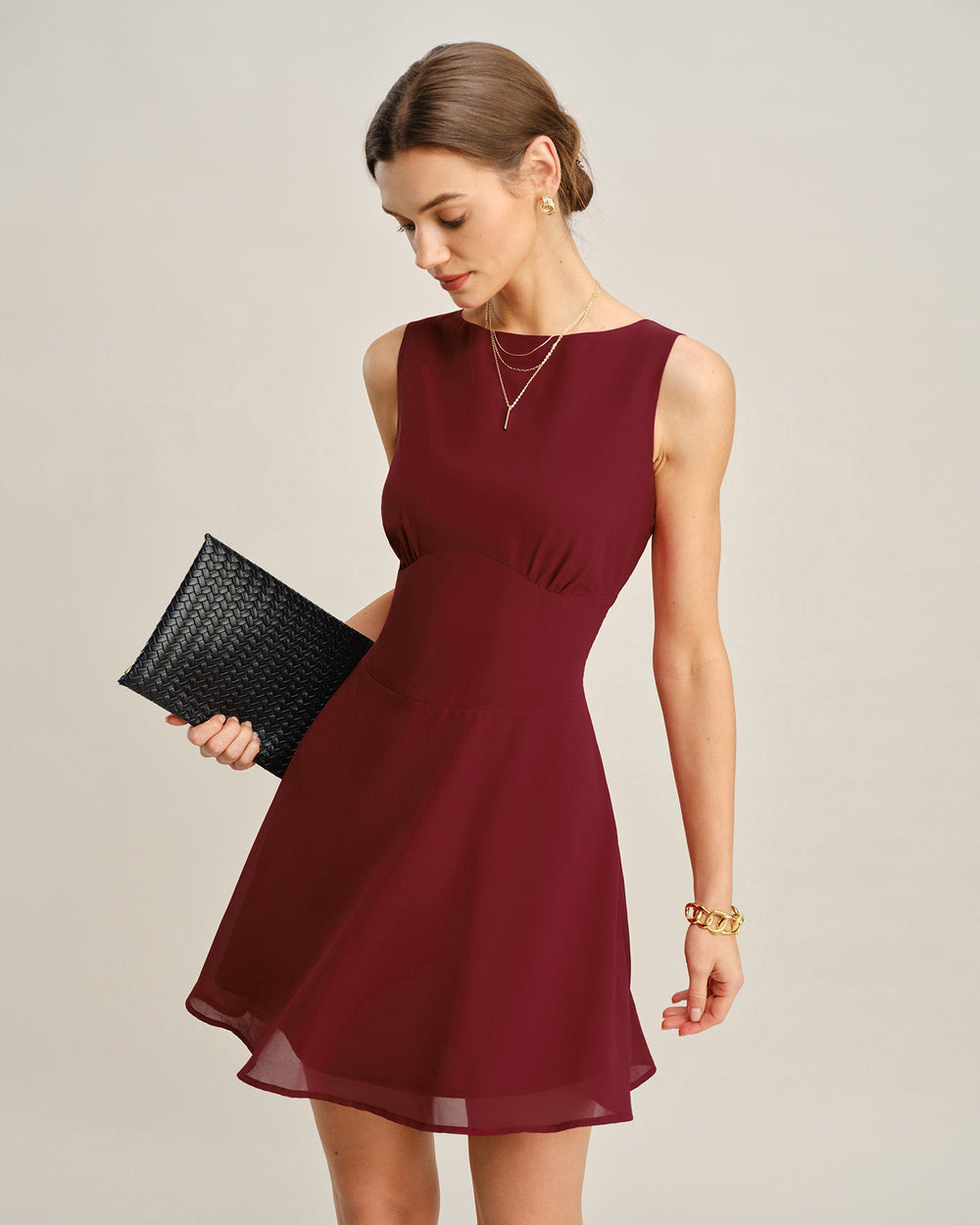 Wine Red Boat Neck Pleated Mini Dress | Rihoas