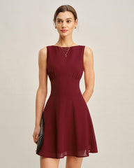 Wine Red Boat Neck Pleated Mini Dress | Rihoas