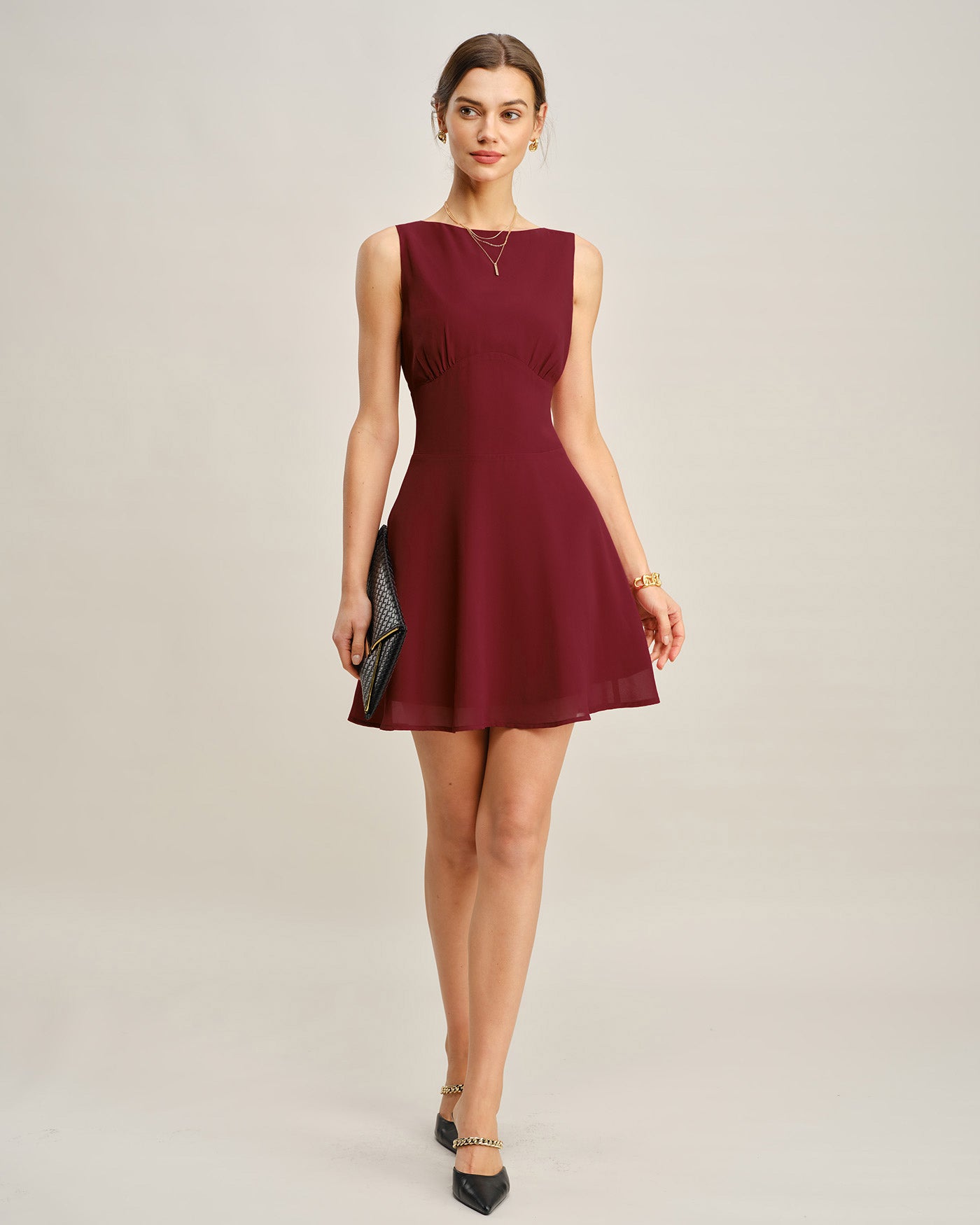 Wine Red Boat Neck Pleated Mini Dress | Rihoas