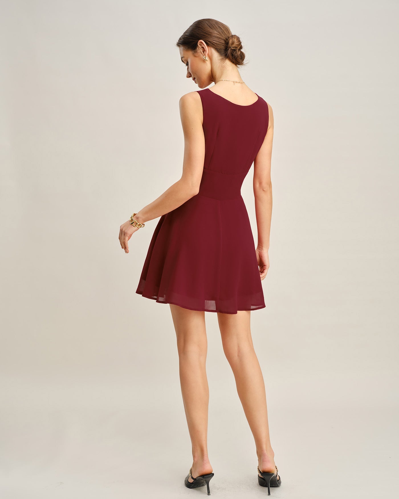 Wine Red Boat Neck Pleated Mini Dress | Rihoas