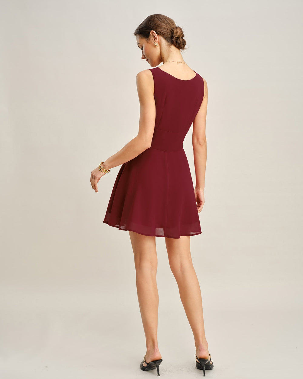 Wine Red Boat Neck Pleated Mini Dress | Rihoas