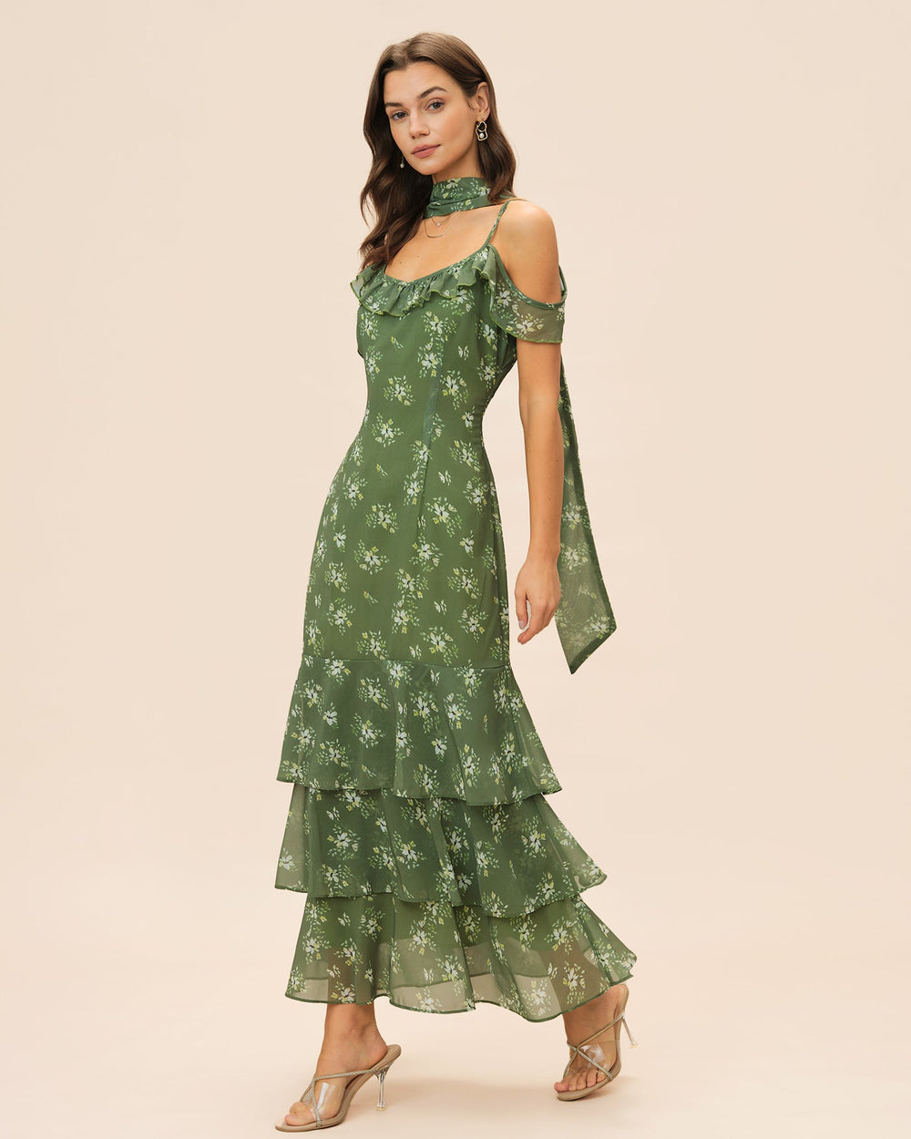 Green V Neck Ruffle Floral Maxi Dress | Rihoas