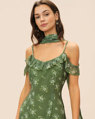 Green V Neck Ruffle Floral Maxi Dress | Rihoas