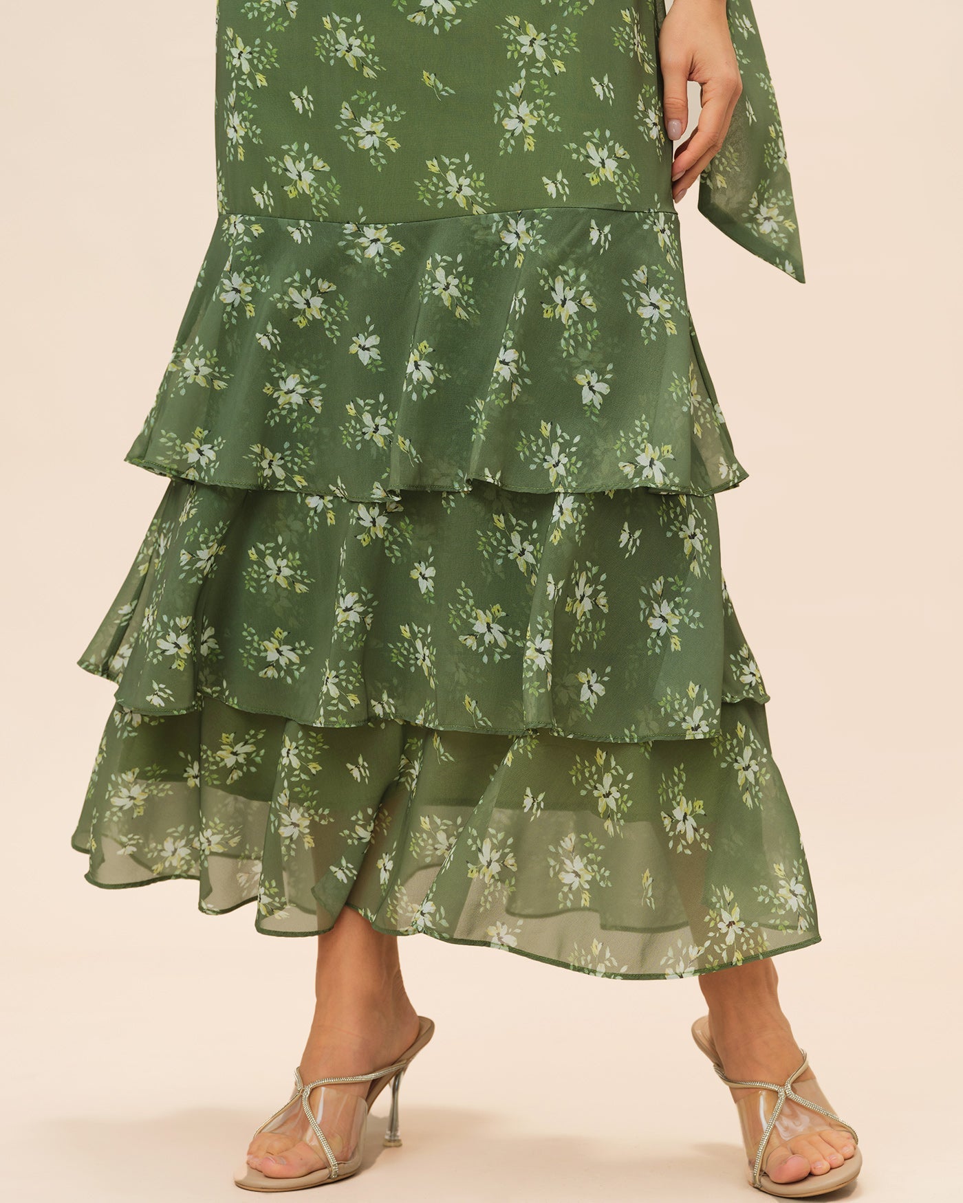 Green V Neck Ruffle Floral Maxi Dress | Rihoas