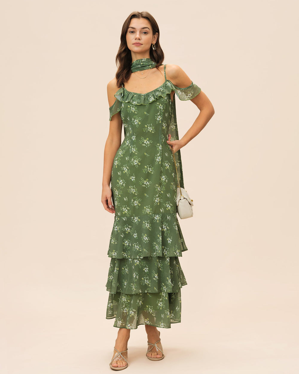 Green V Neck Ruffle Floral Maxi Dress | Rihoas