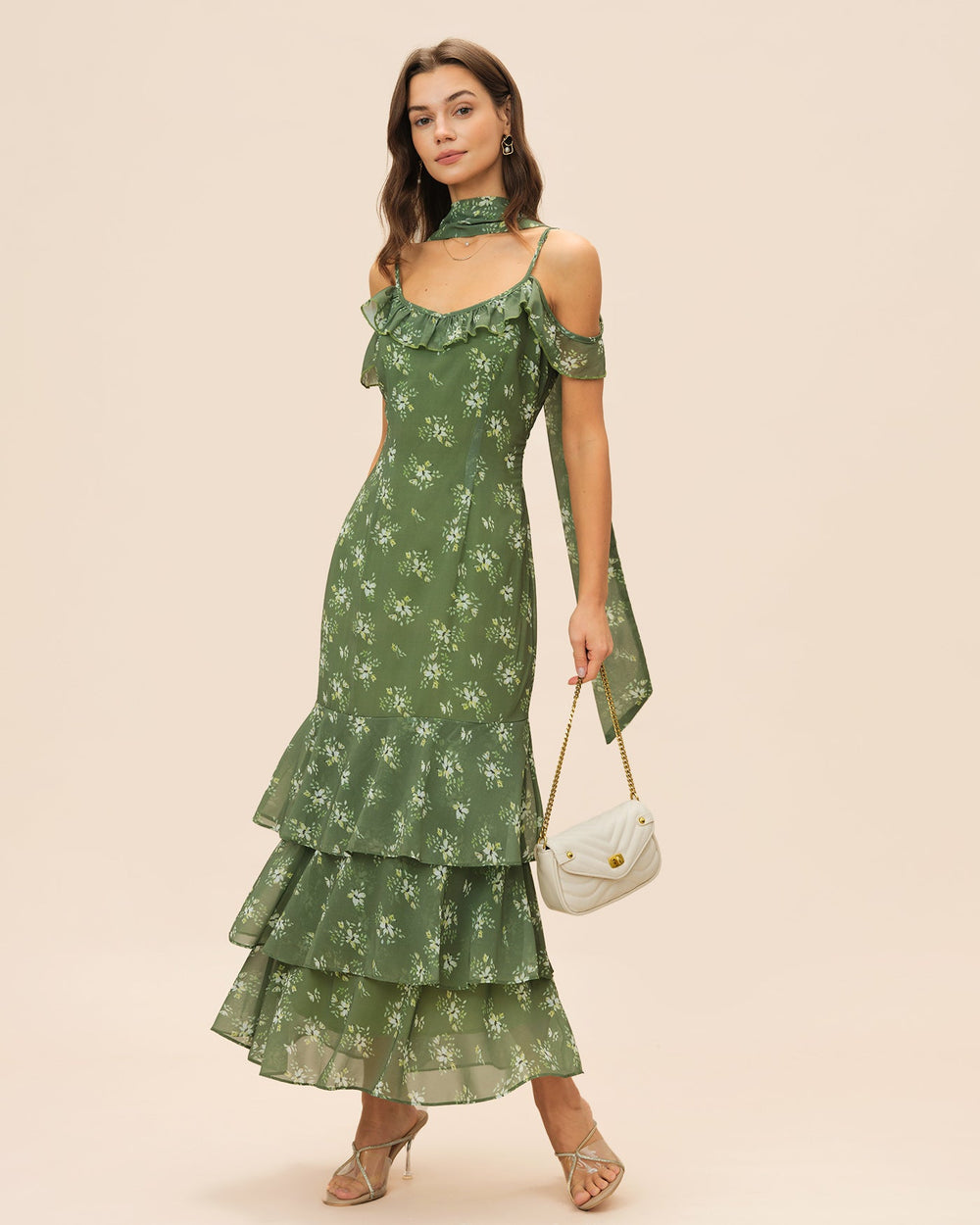 Green V Neck Ruffle Floral Maxi Dress | Rihoas