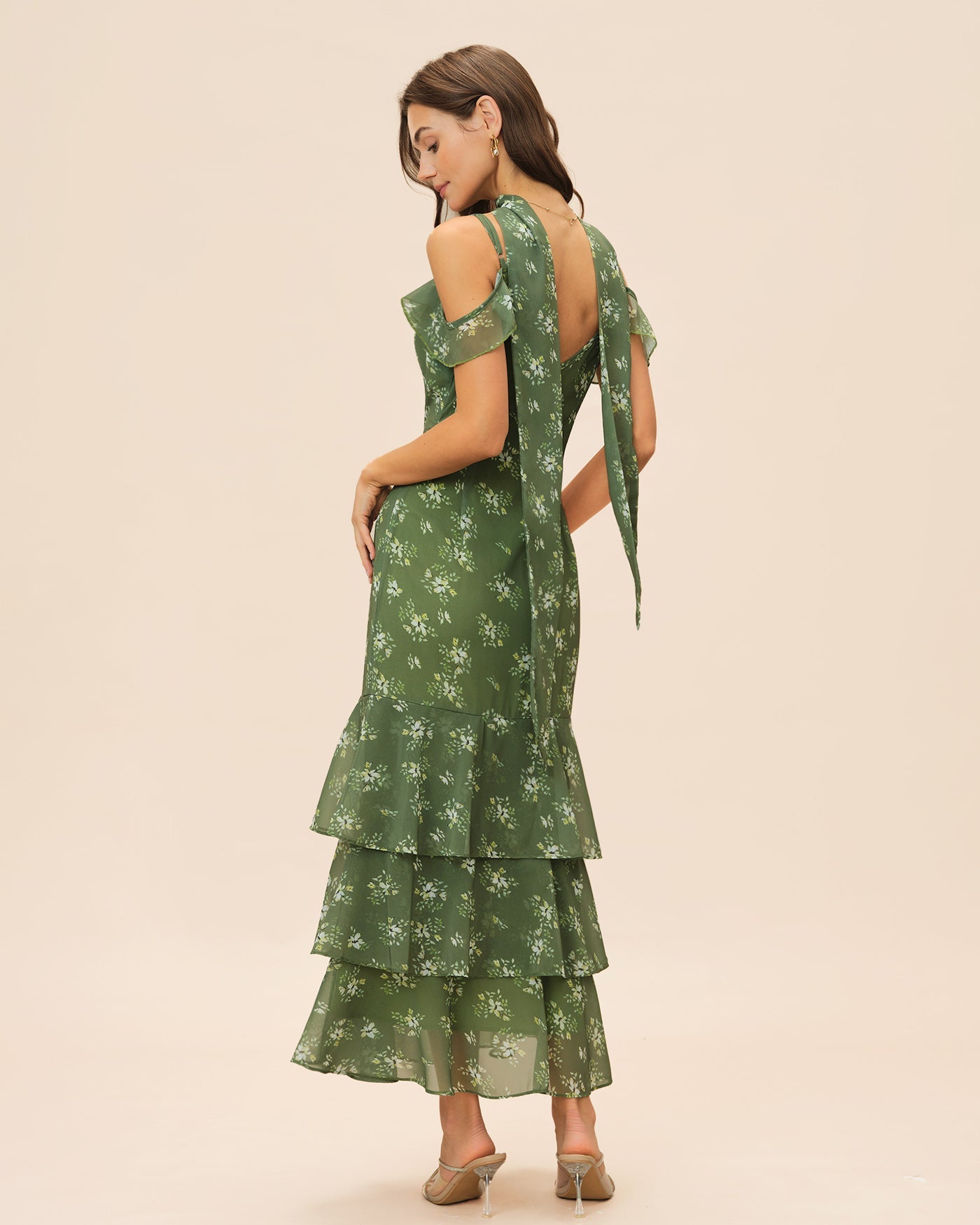 Green V Neck Ruffle Floral Maxi Dress | Rihoas