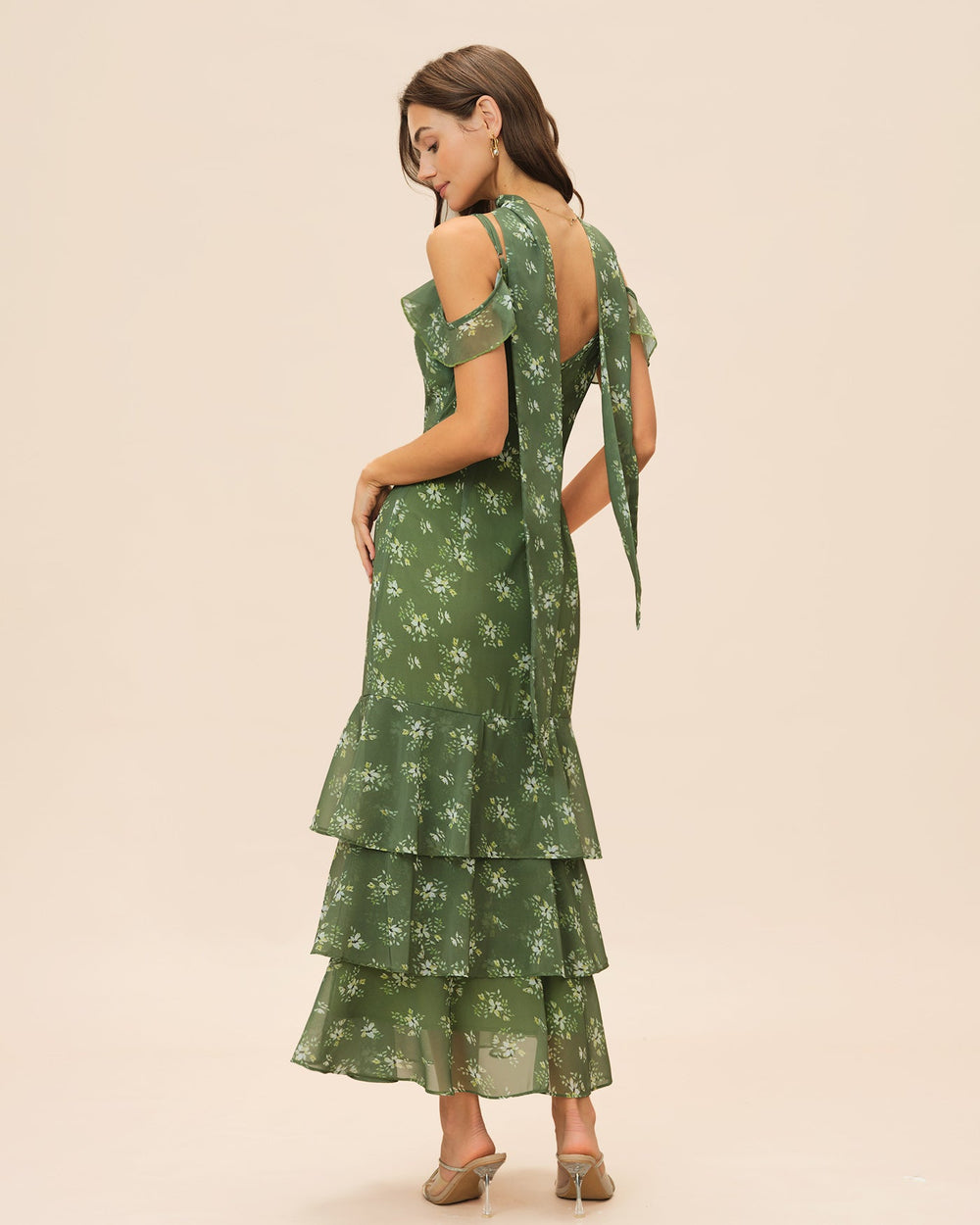 Green V Neck Ruffle Floral Maxi Dress | Rihoas