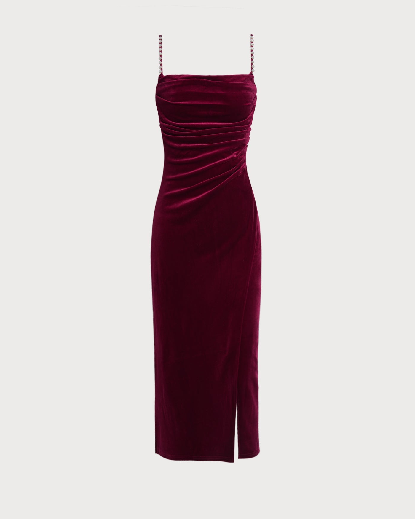 Wine Red Sleeveless Straps Velour Midi Dress | Rihoas