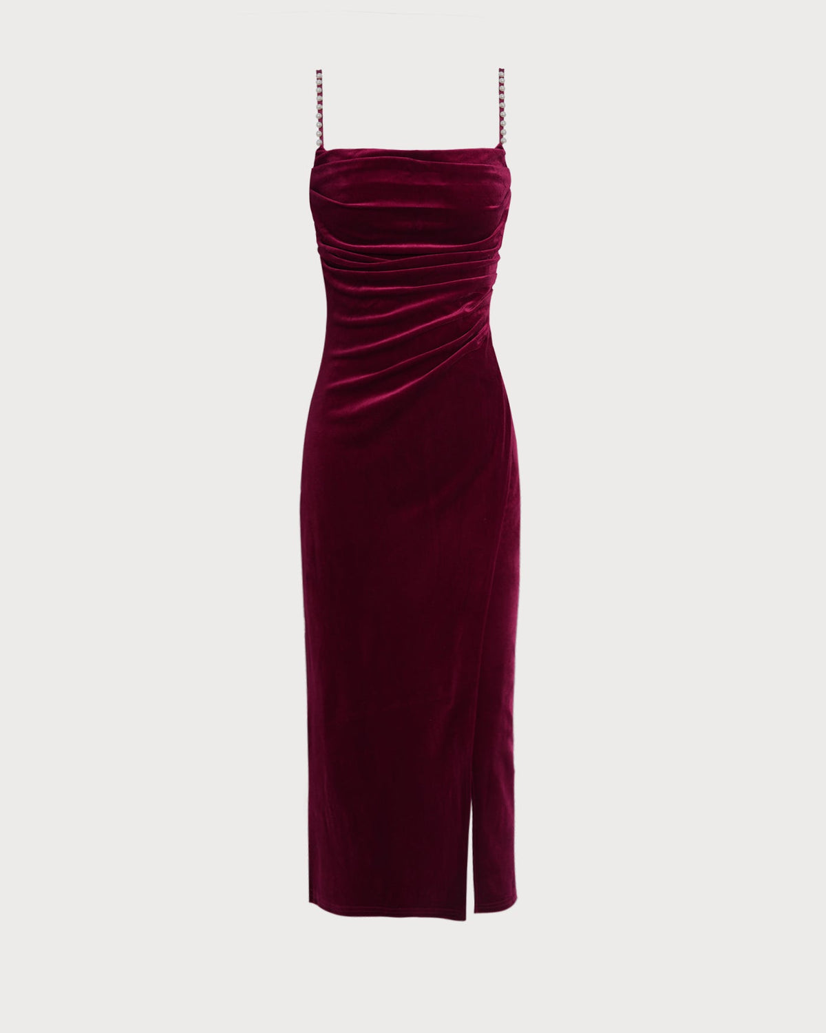 Wine Red Sleeveless Straps Velour Midi Dress | Rihoas
