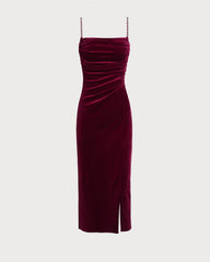 Wine Red Sleeveless Straps Velour Midi Dress | Rihoas