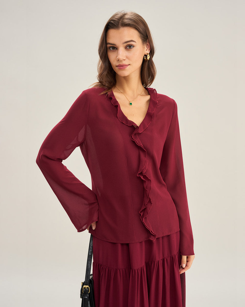 Wine Red Ruffle Chiffon Shirt | Rihoas