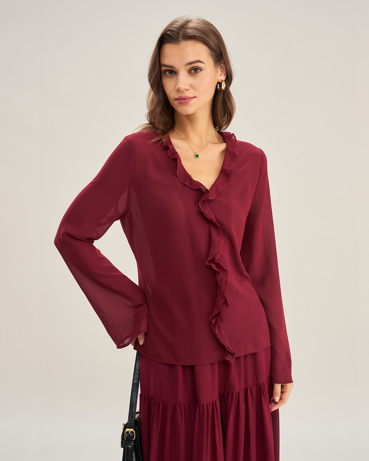 Wine Red Ruffle Chiffon Shirt | Rihoas