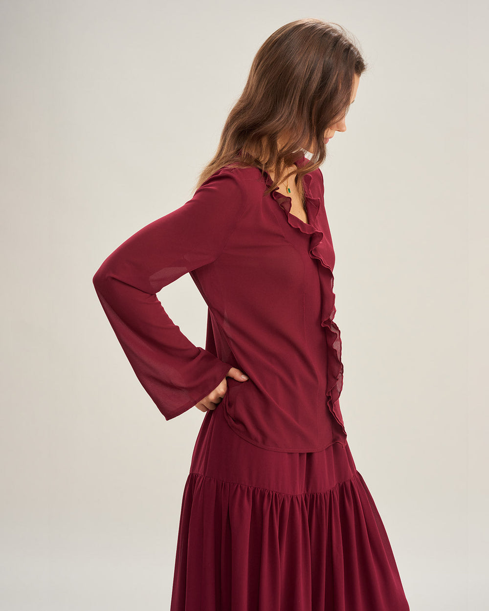 Wine Red Ruffle Chiffon Shirt | Rihoas