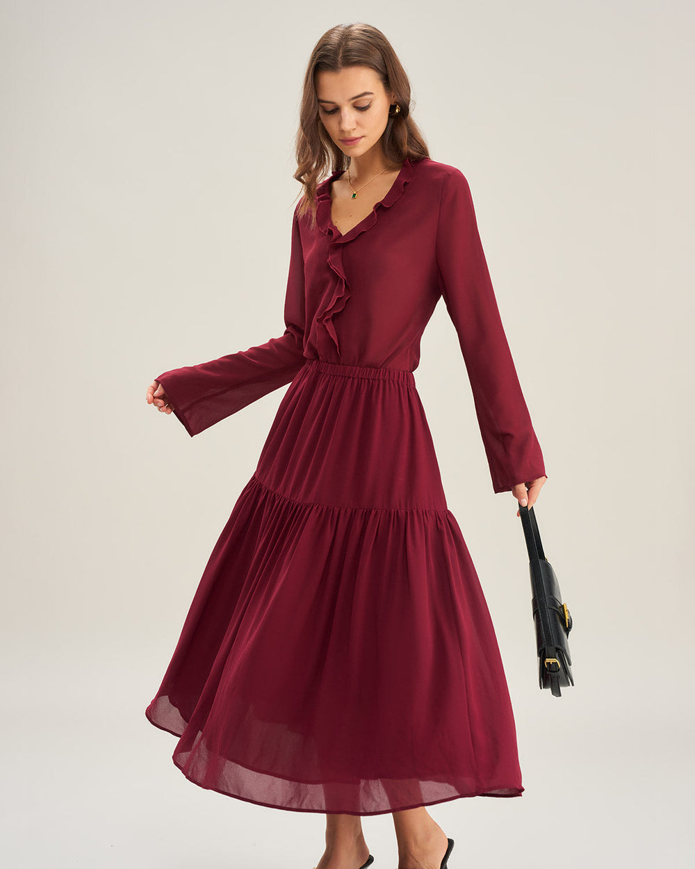 Wine Red Ruffle Chiffon Shirt | Rihoas
