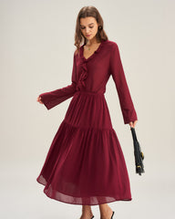 Wine Red Ruffle Chiffon Shirt | Rihoas