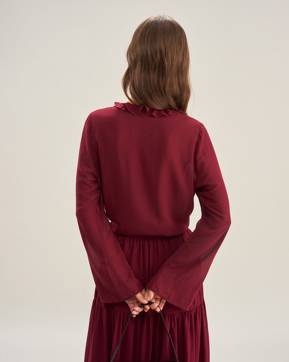 Wine Red Ruffle Chiffon Shirt | Rihoas