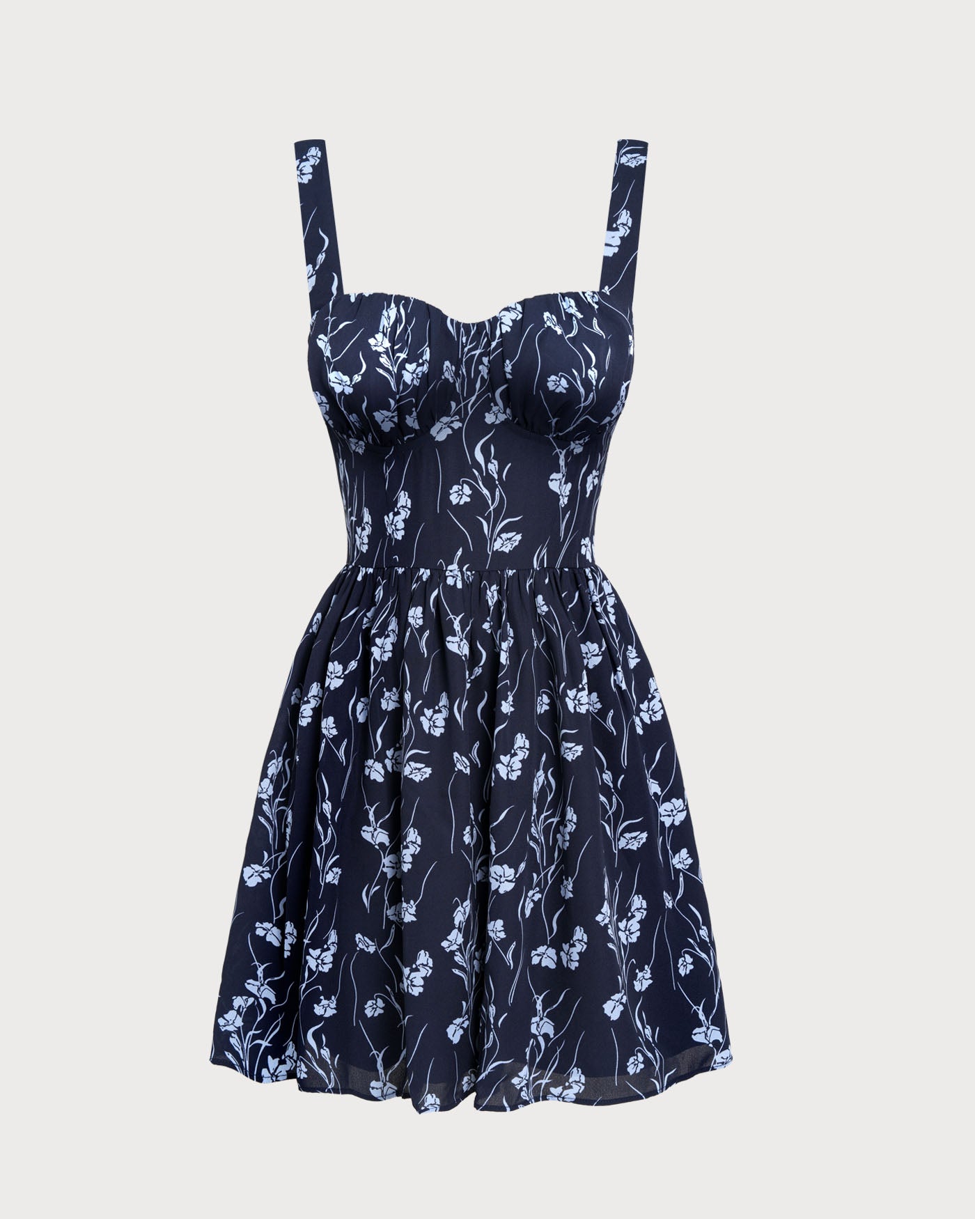 Navy Sweetheart Neck Floral Mini Dress | Rihoas