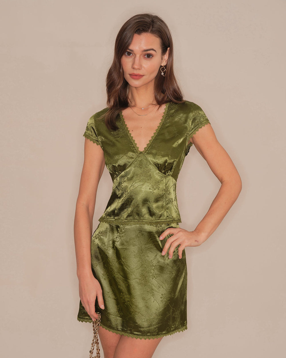 Green V Neck Floral Satin Tee | Rihoas