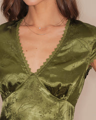 Green V Neck Floral Satin Tee | Rihoas