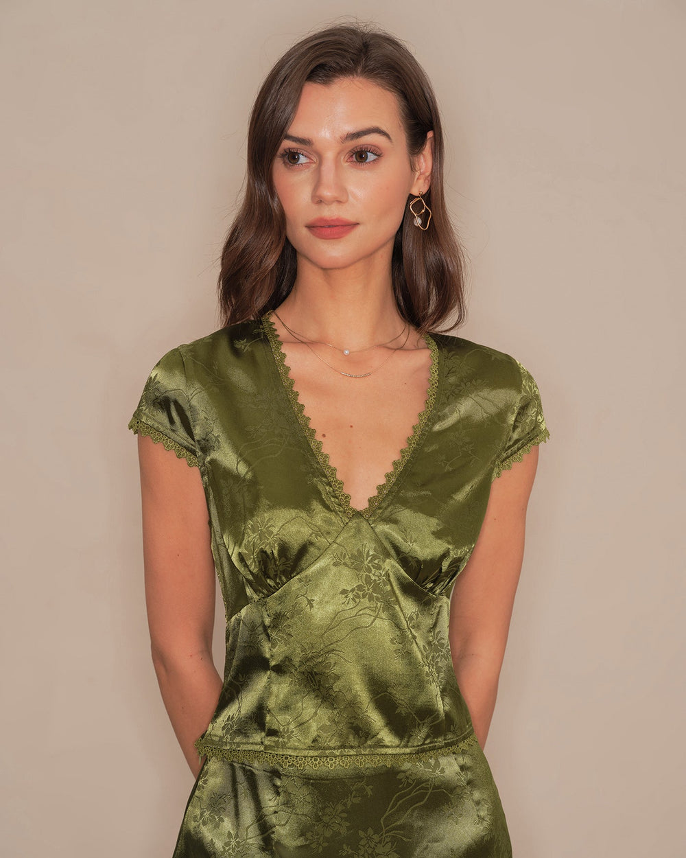 Green V Neck Floral Satin Tee | Rihoas