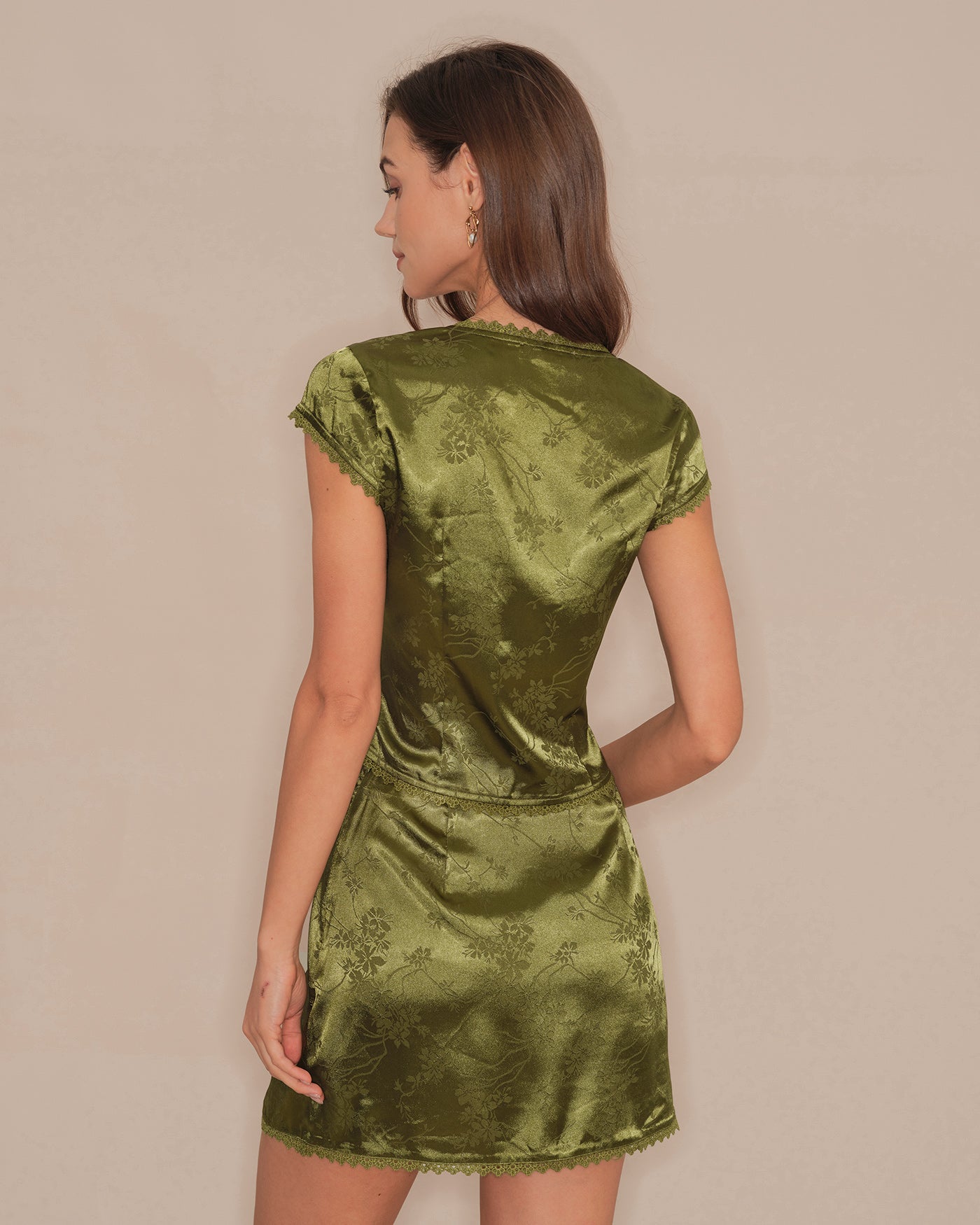 Green V Neck Floral Satin Tee | Rihoas