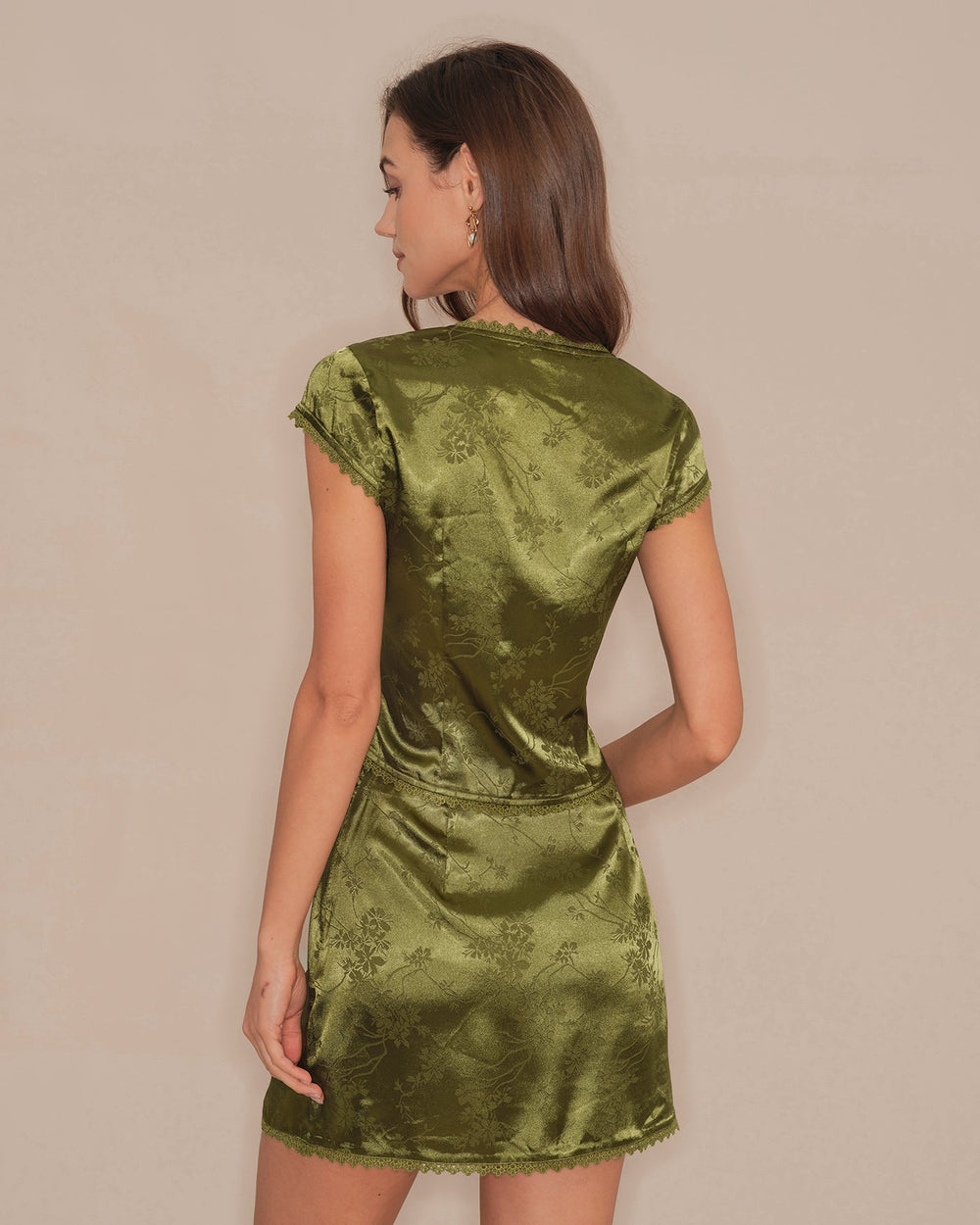 Green V Neck Floral Satin Tee | Rihoas