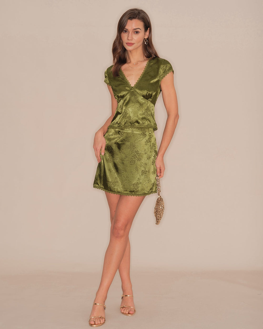 Green V Neck Floral Satin Tee | Rihoas