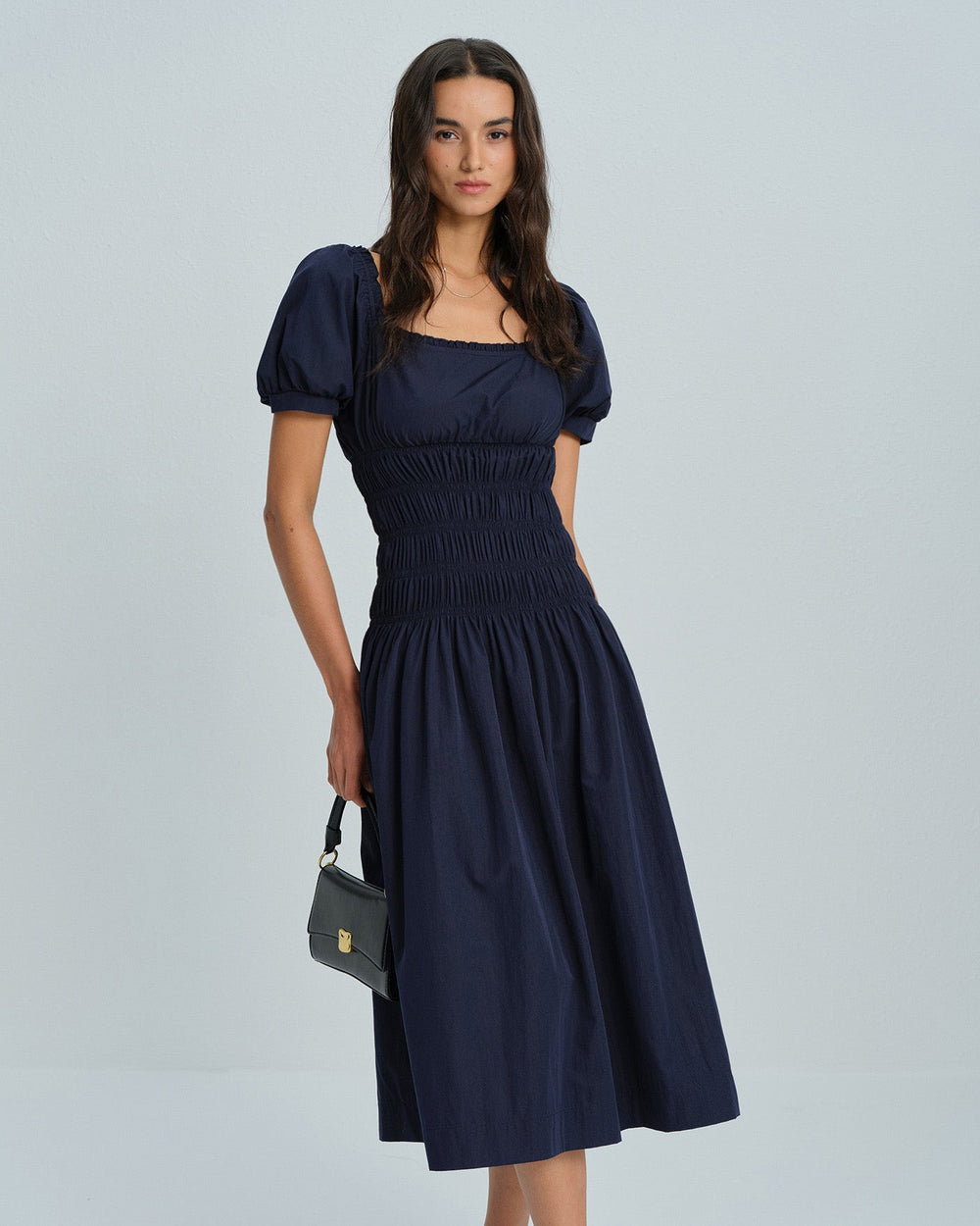 Blue Puffed Sleeve Shirred Midi Dress | Rihoas