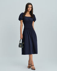 Blue Puffed Sleeve Shirred Midi Dress | Rihoas