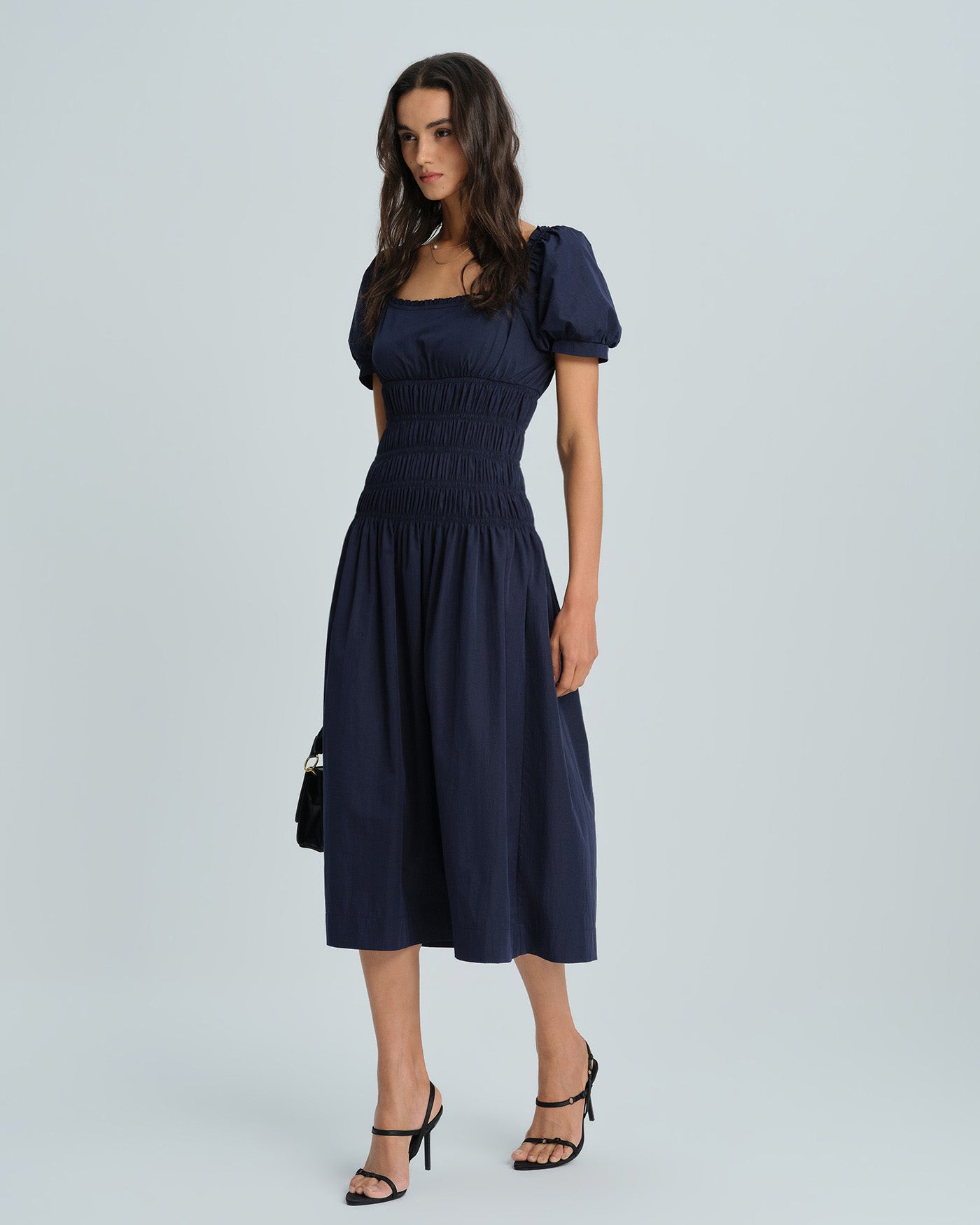 Blue Puffed Sleeve Shirred Midi Dress | Rihoas