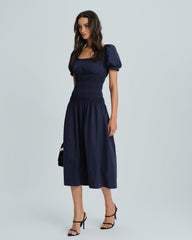Blue Puffed Sleeve Shirred Midi Dress | Rihoas