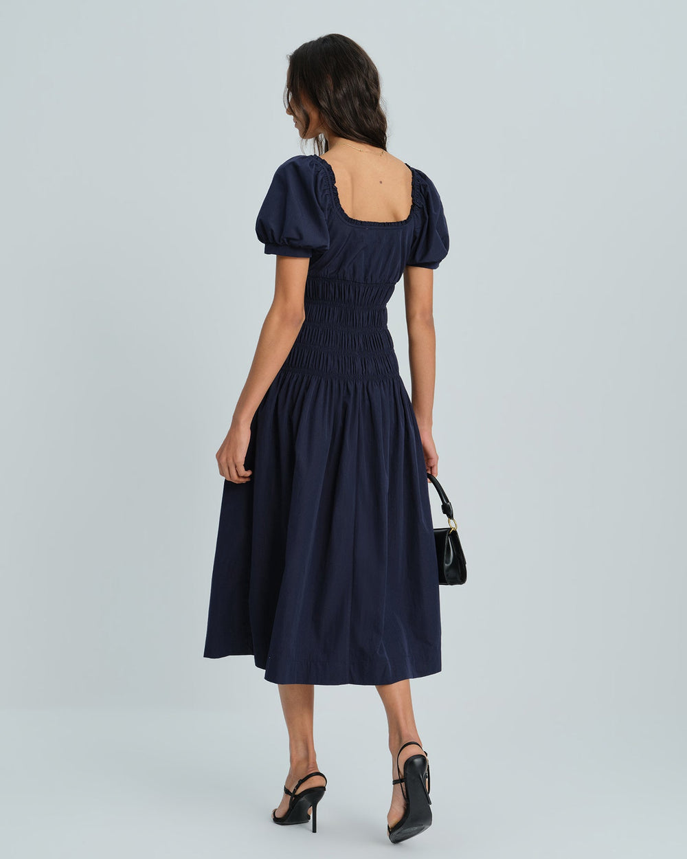 Blue Puffed Sleeve Shirred Midi Dress | Rihoas