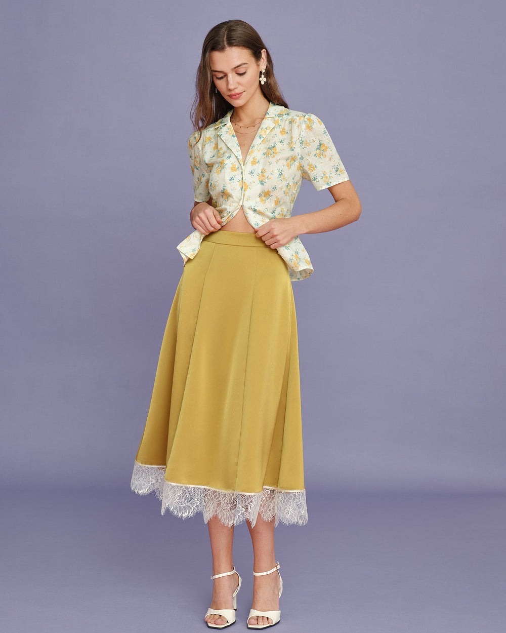 Yellow Lace Satin Midi Skirt | Rihoas