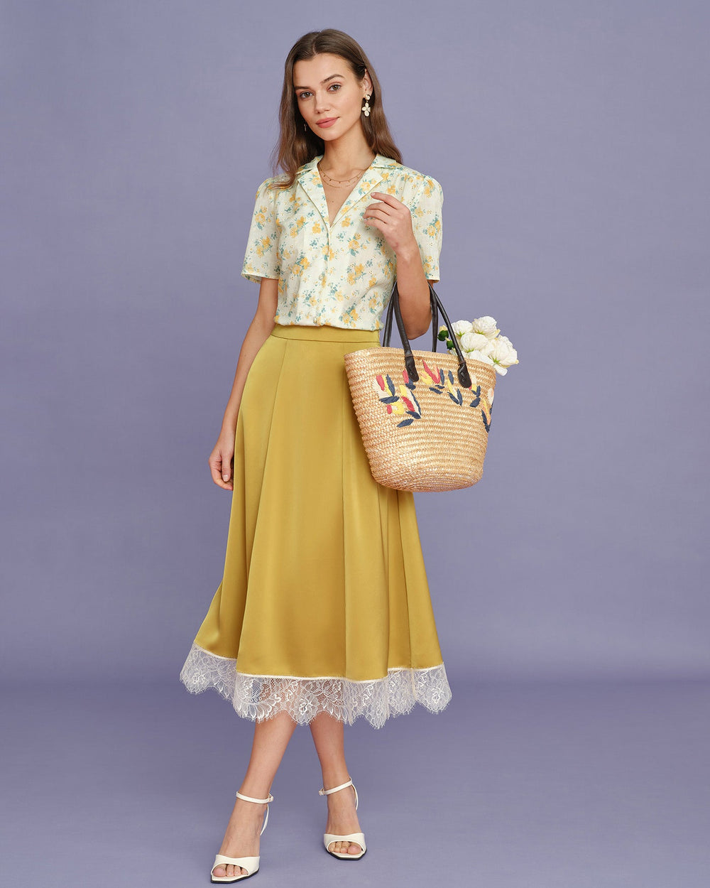 Yellow Lace Satin Midi Skirt | Rihoas