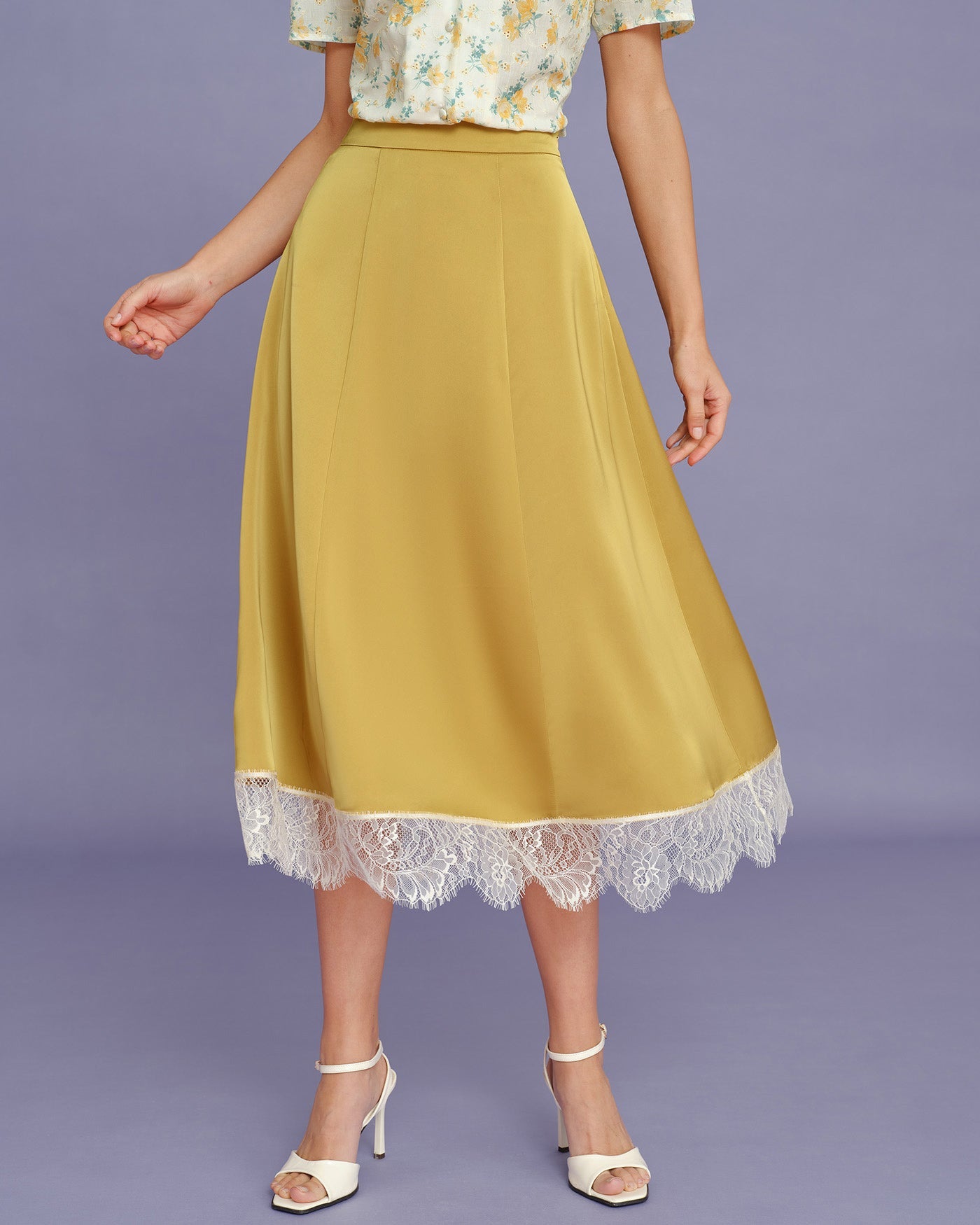 Yellow Lace Satin Midi Skirt | Rihoas