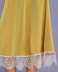 Yellow Lace Satin Midi Skirt | Rihoas