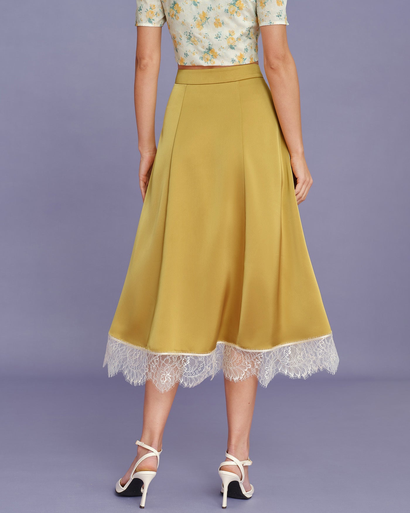 Yellow Lace Satin Midi Skirt | Rihoas