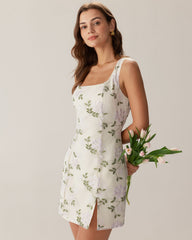 Beige Square Neck Embroidery Slit Slip Mini Dress | Rihoas