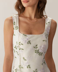 Beige Square Neck Embroidery Slit Slip Mini Dress | Rihoas