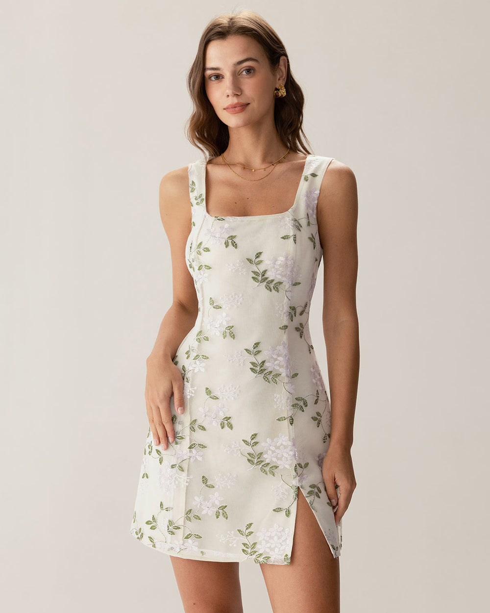 Beige Square Neck Embroidery Slit Slip Mini Dress | Rihoas