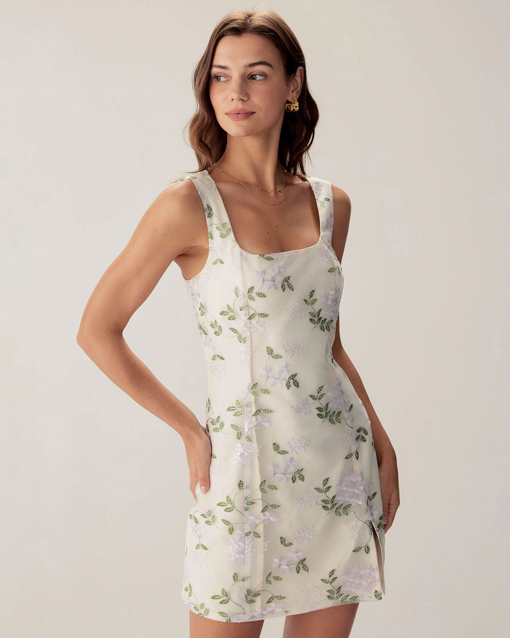 Beige Square Neck Embroidery Slit Slip Mini Dress | Rihoas