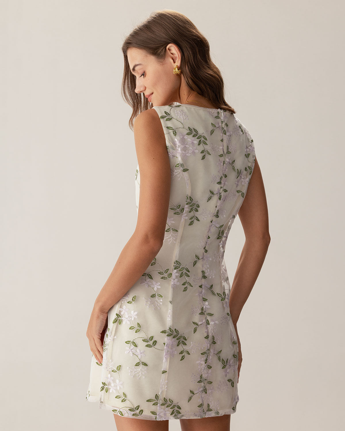 Beige Square Neck Embroidery Slit Slip Mini Dress | Rihoas