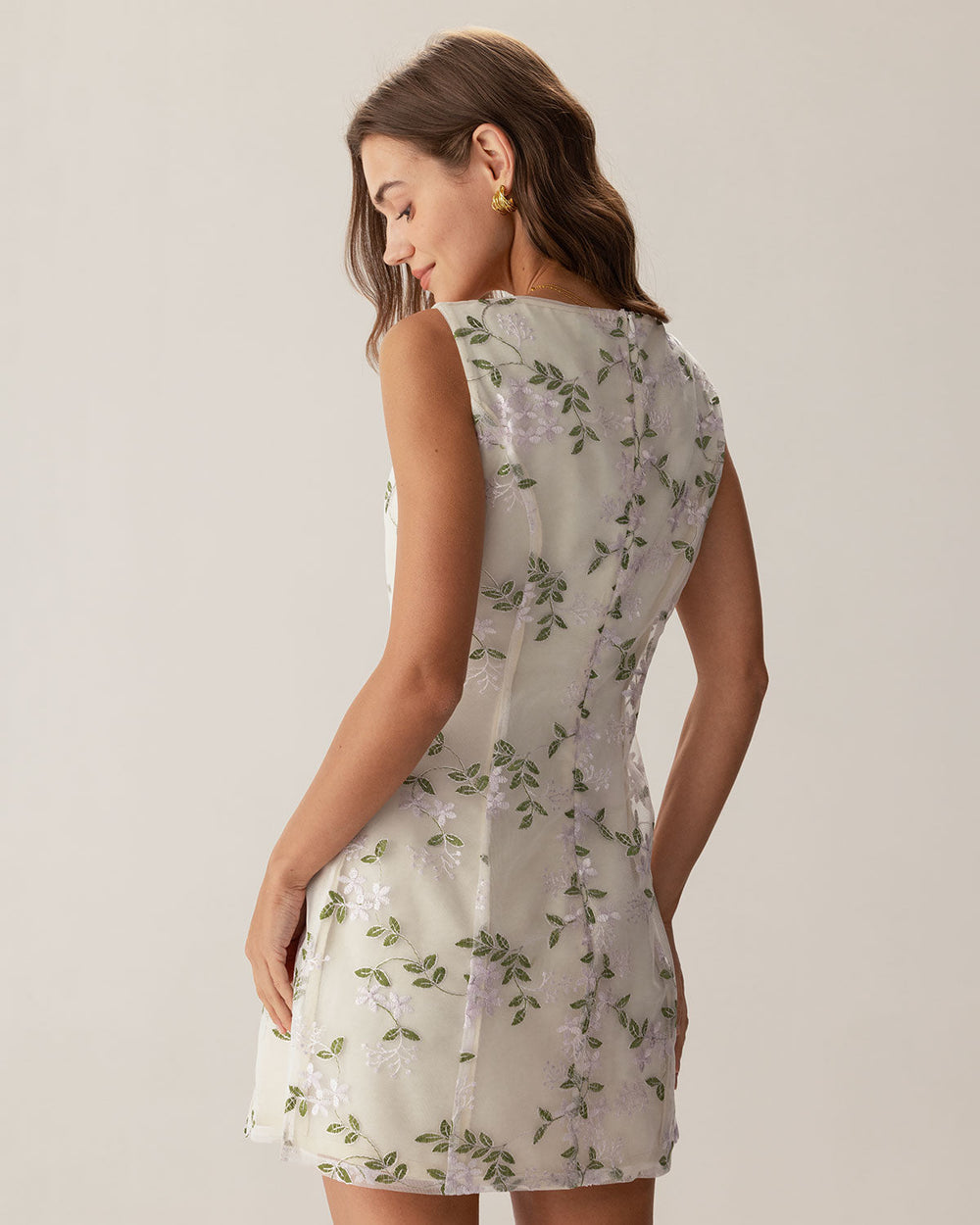 Beige Square Neck Embroidery Slit Slip Mini Dress | Rihoas